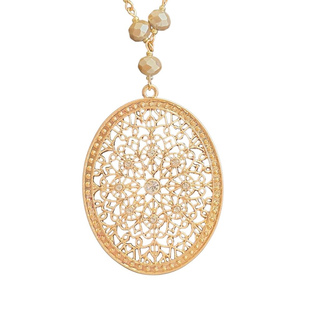 Oval Pendant Open Design with Rhinestones on Beaded Chain Gold Tone Necklace 36"